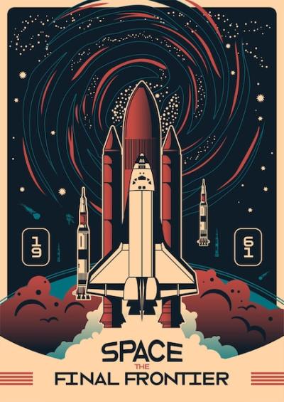 Space Vertical Poster Featuring Rockets Against a Starry Night Sky â Free Download