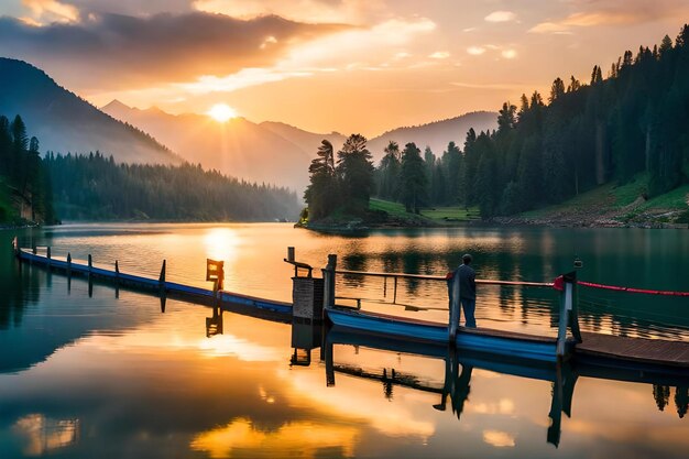 Stunning Sunset with Boat and Mountain Background – Free Download