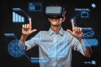 Teenager in White T-Shirt with Virtual Reality Glasses and Graph Charts – Free Download