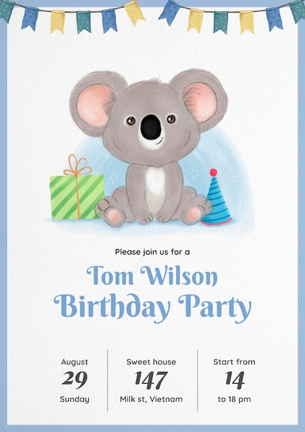 Watercolor Koala Birthday Invitation – Free Download, Free Stock Photo