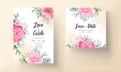 Hand Drawn Wedding Invitation Card with Watercolor Flowers and Leaves – Download Free Stock Photo