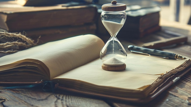 A Hourglass on a Book with a Pen – Free Stock Photo for Download