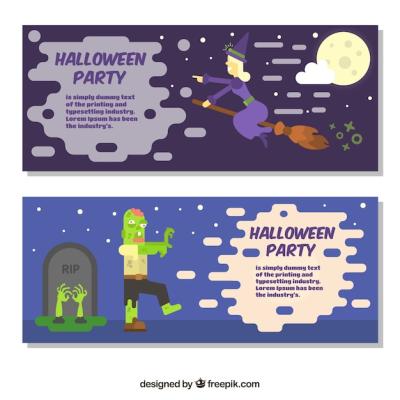 Halloween Banners Featuring Flat Design Characters – Free Download