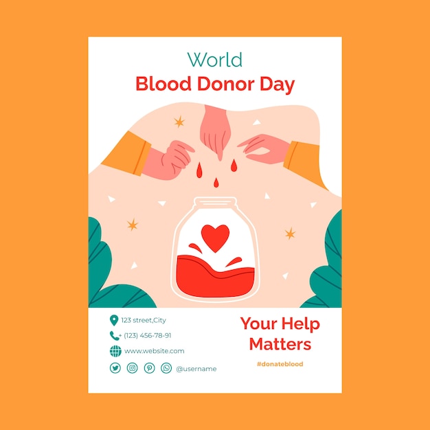 Flat Vertical Flyer Template for World Blood Donor Day Awareness – Free Download