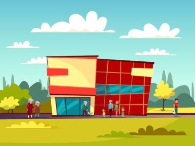 Cartoon Supermarket Building Facade with Shoppers – Free Download