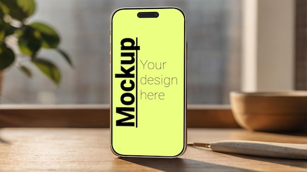 Phone Mockup on Wooden Table Near Window – Free Download