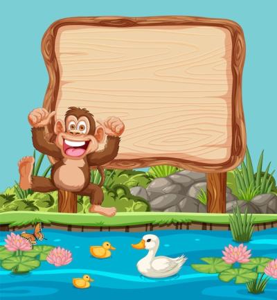 Cheerful Monkey by the Wooden Sign – Free Stock Photo for Download