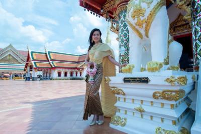 Beautiful Thai Woman in Traditional Dress Costume at Temple of Thailand – Free Download