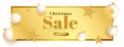 Golden Christmas Sale Banner Featuring Realistic Xmas Balls and Stars – Free Download