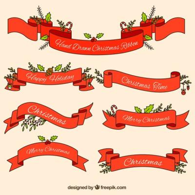 Hand-drawn Ribbons with Christmas Elements – Free Download