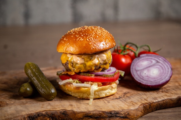 Delicious Front View Meat Burger with Pickles, Onions, and Tomatoes – Free Download