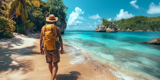 A Man with a Backpack Strolling by the Beach Under Fluffy Clouds – Free Stock Photo for Download