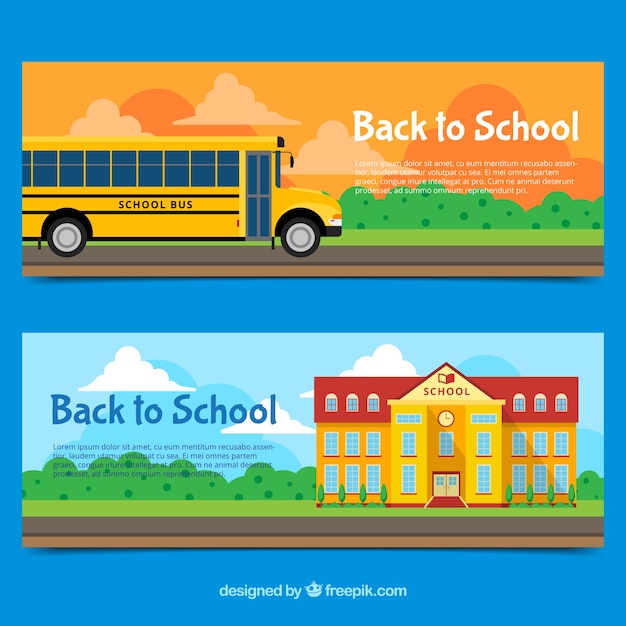 Flat Back to School Banners Featuring School Bus and Building – Free Download