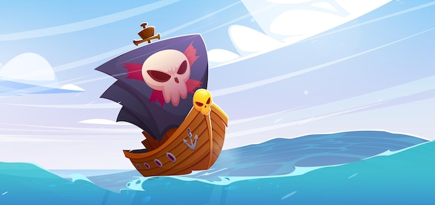 Pirate Ship with Black Sails and Jolly Roger Skull – Free Download