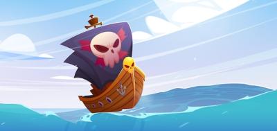 Pirate Ship with Black Sails and Jolly Roger Skull – Free Download