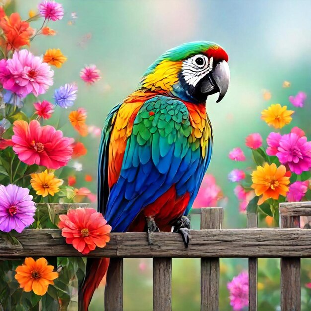 A Colorful Parrot Perched on a Fence Surrounded by Vibrant Flowers – Free Stock Photo, Download Free