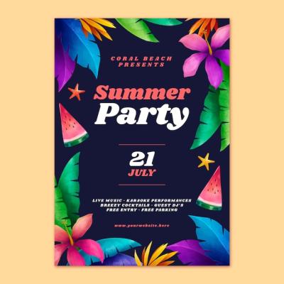 Watercolor Summer Night Party Poster Template Featuring Watermelon and Leaves – Free Download