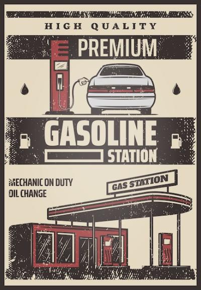 Vintage Style Colored Fuel Station Poster with Car Refilling Process – Free Download