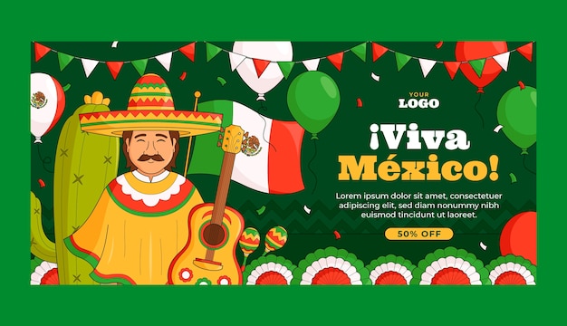 Hand Drawn Horizontal Sale Banner Template for Mexico Independence Day Celebration – Free Download