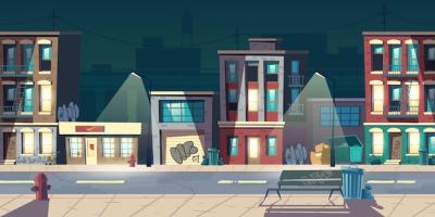 Ghetto Street at Night: Slum Houses and Graffiti Vector Illustration – Free Download