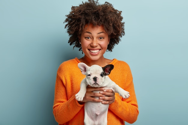 Young Woman with Afro Haircut Holding Puppy – Free Stock Photo, Download for Free