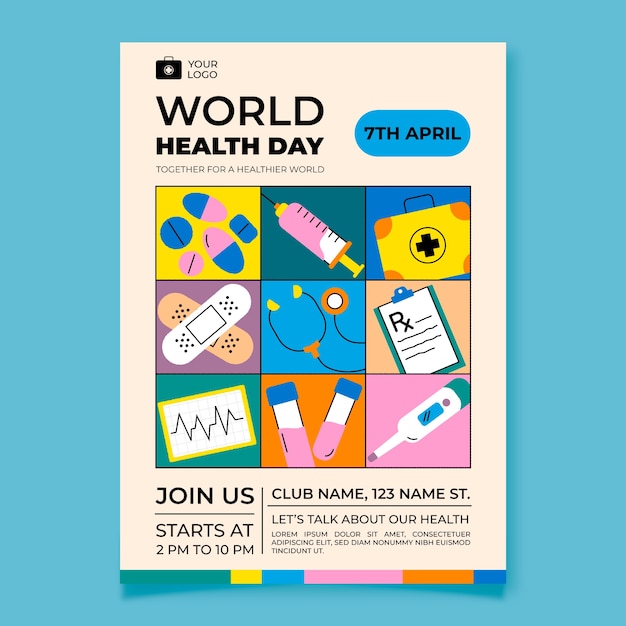 Flat Vertical Poster Template for World Health Day Awareness – Free Download