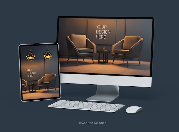 3D Render Mockup of Desktop and Tablet for UI/UX Product Showcase – Free Download