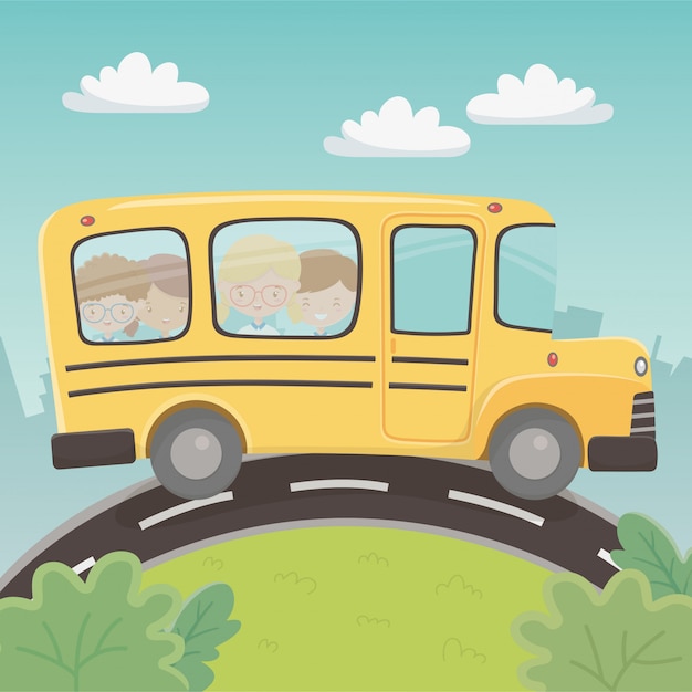 School Bus Transport with Kids in a Beautiful Landscape – Free Stock Photo Download