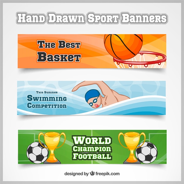 Hand Drawn Banners for Basketball, Swimming, and Football – Free Download