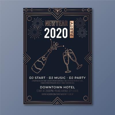 New Year Party Poster Template in Outline Style – Free Download