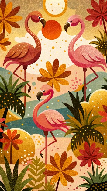 Three Flamingos Among Tropical Plants and Flowers – Free Download