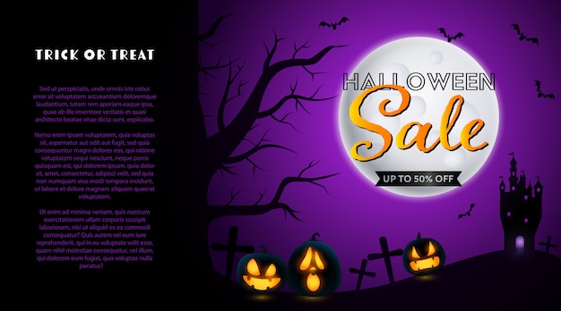 Halloween Sale Banner Featuring Graveyard and Moon – Free Download