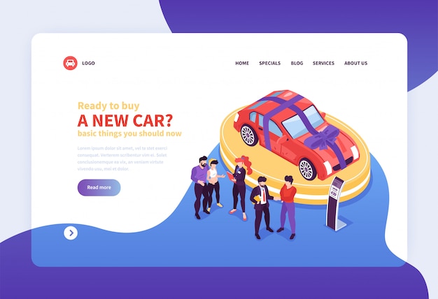 Isometric Car Showroom Website Landing Page Concept with Clickable Links and Editable Text – Free Download