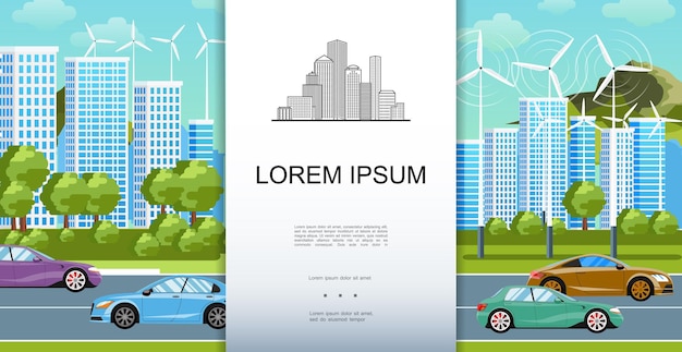 Modern Eco City Landscape with Skyscrapers and Electric Cars – Free Download