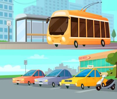 Cartoon Compositions of City Transport: Trolley, Street Stops, and Taxi Cars – Free Download