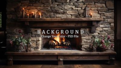 Cozy Country House Interior Featuring a Fireplace and Burning Candles – Free Download