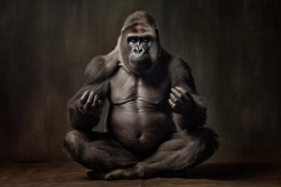 Beautiful Cute Gorilla Meditating in Lotus Pose against Dark Background – Free Stock Photo, Download for Free