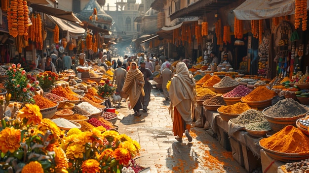 A Street Scene Featuring Colorful Flowers and Pedestrians – Free Download