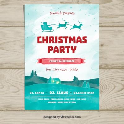 Christmas Party Poster Featuring Santa Claus and Scenic Landscape – Free Download