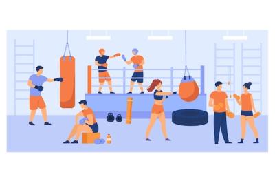 Training at a Boxing Club: Men and Women Exercising with Punch Bags and Sparring