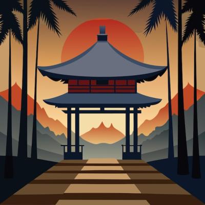 A Serene Pagoda Silhouette at Sunset with Mountains – Free Stock Photo Download