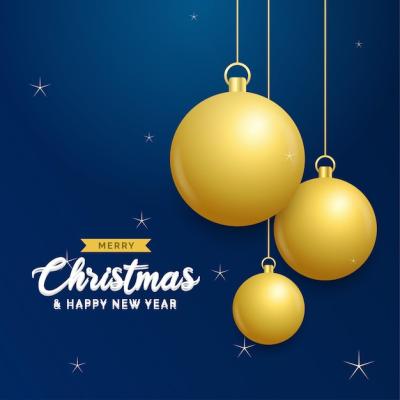 Christmas Blue Background with Shining Golden Balls for New Year Greeting Cards – Free Download