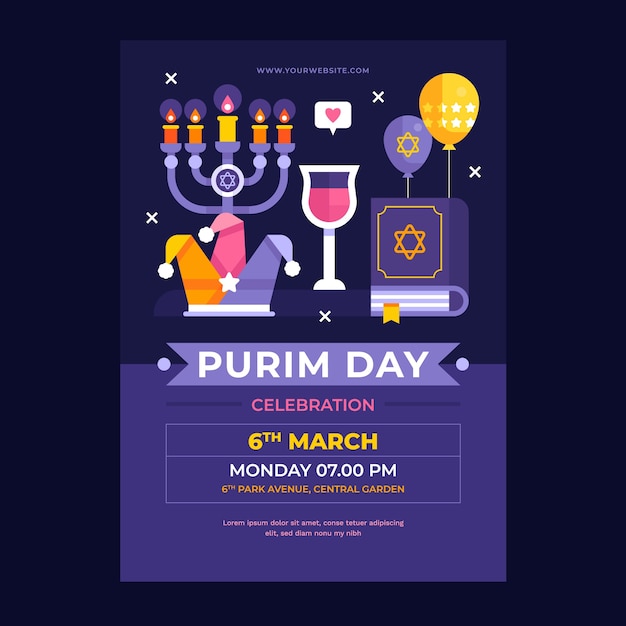 Vertical Poster Template for Flat Purim Holiday – Free Download