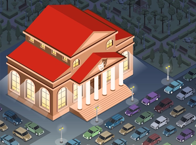 Isometric City Fragment Featuring Theater Building and Parking Cars – Free Stock Photo for Download