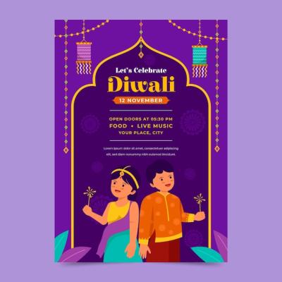 Flat Vertical Poster Template for Hindu Diwali Festival Celebration – Free Download