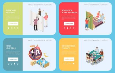 Isometric Neighbors Banner Set Featuring Good and Bad Neighborhood Scenes – Free Download