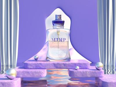 Bottle of Perfume Mockup on Pedestal with Purple Gate and Water Mirror – Free Download