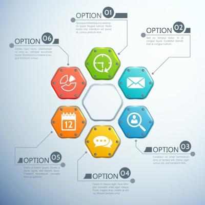 Colorful Hexagon Business Infographic Design Concept with Six Options and White Icons – Free to Download