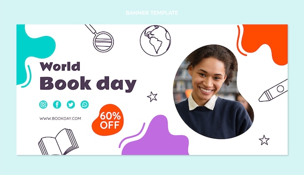 Flat World Book Day Sale Horizontal Banner Template – Download Free Stock Photo