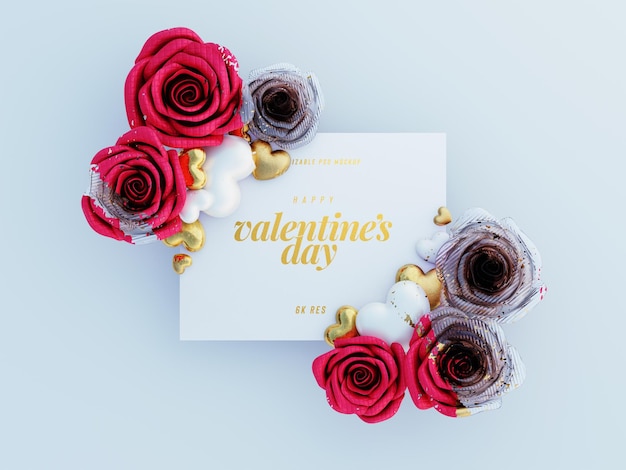 Lovely Greetings Card Mockup with Cute Roses and Love Hearts – Free Download